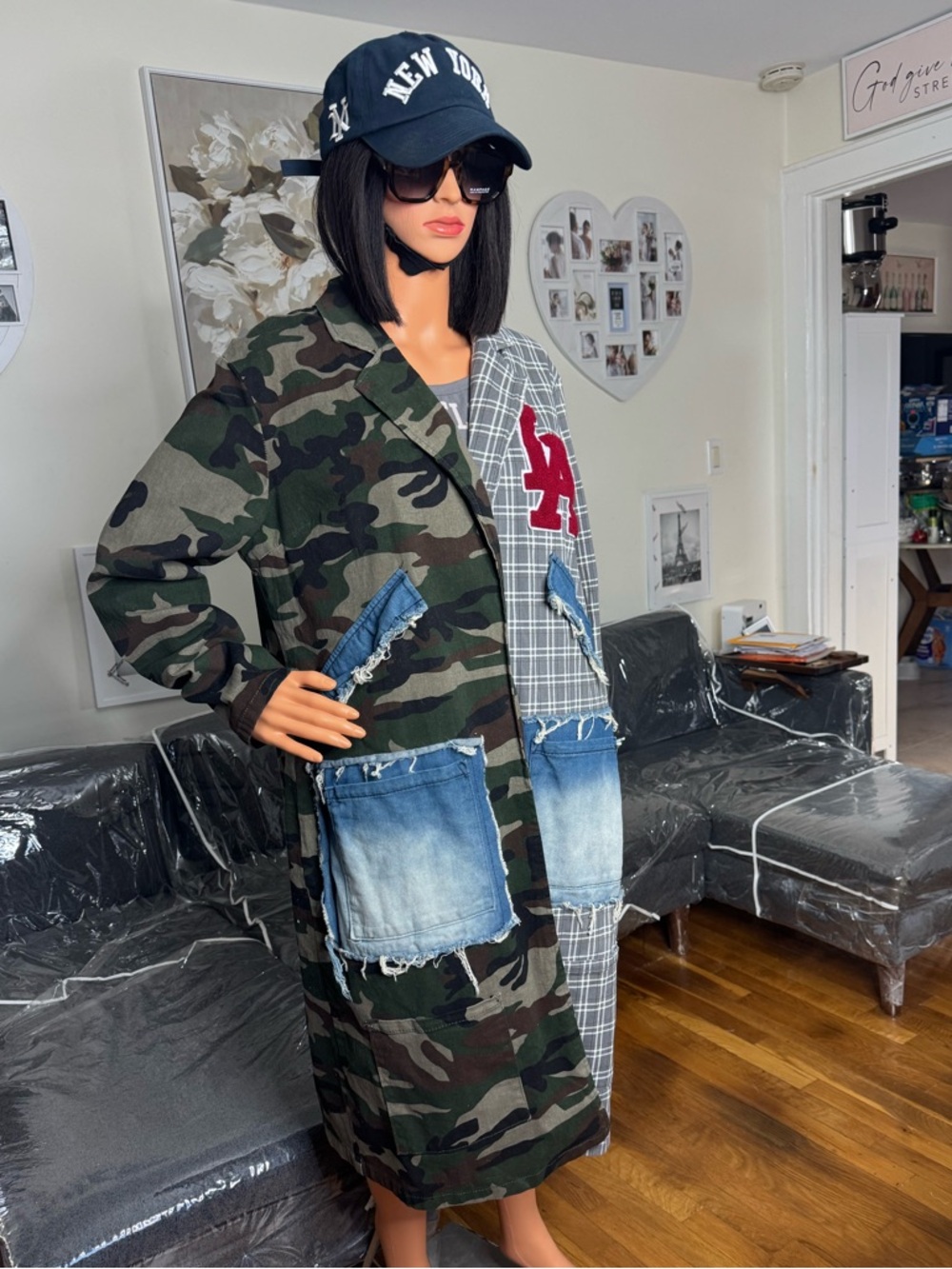Fashion Nova Patchwork Camo Plaid Coat Denim Pockets Long Statement Jacket NWT - Picture 5 of 6
